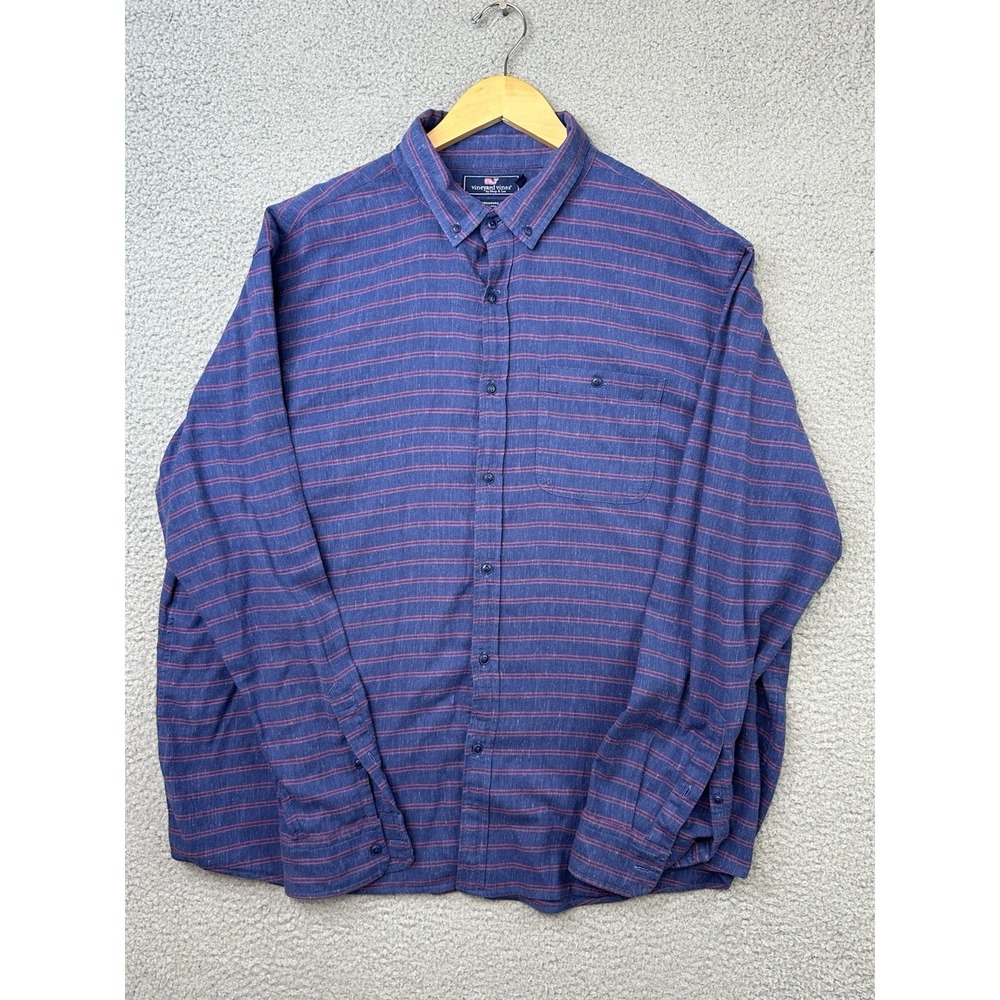 Vineyard Vines Slim Longshore Shirt Mens Sz XL Blue Red Striped Linen Blend
